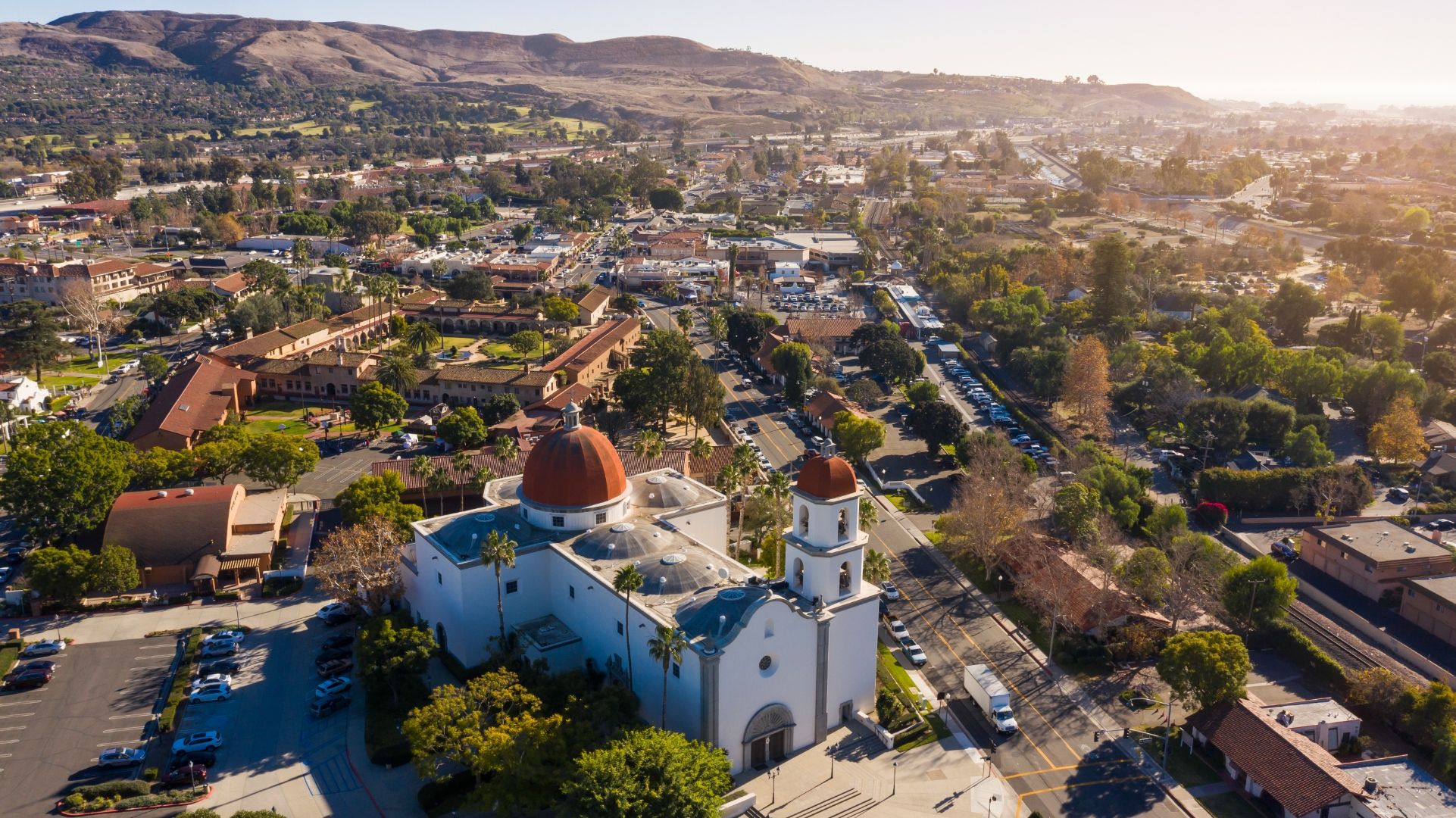 Aerial view of Mission San Juan Capistrano and the surrounding historic downtown